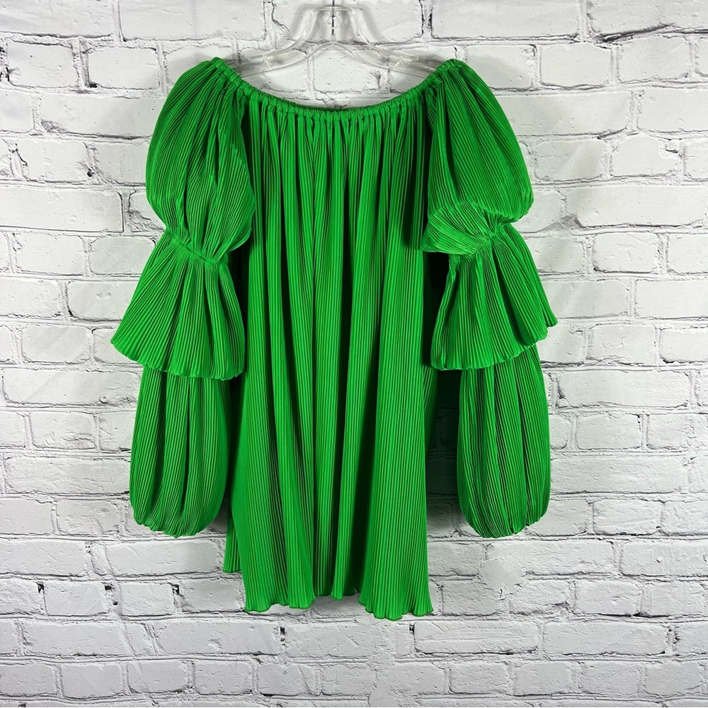 *NEW* Nasty Gal Green Pleated Puff Sleeve Bardot Mini Dress Size 0 (B10)